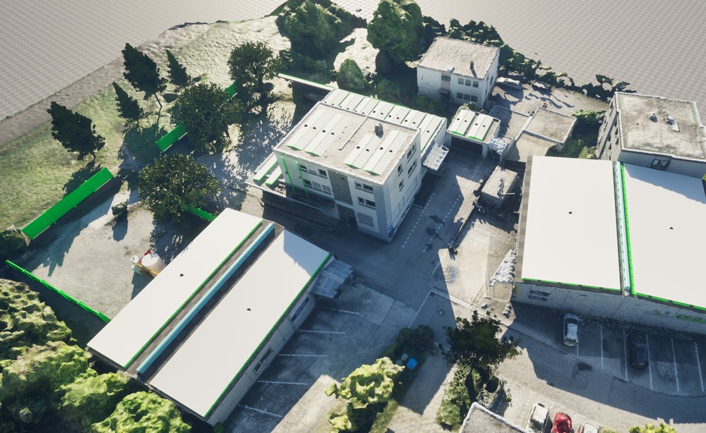 3D-Modell eines Bestandsgebäudes mit markierten Analyseflächen